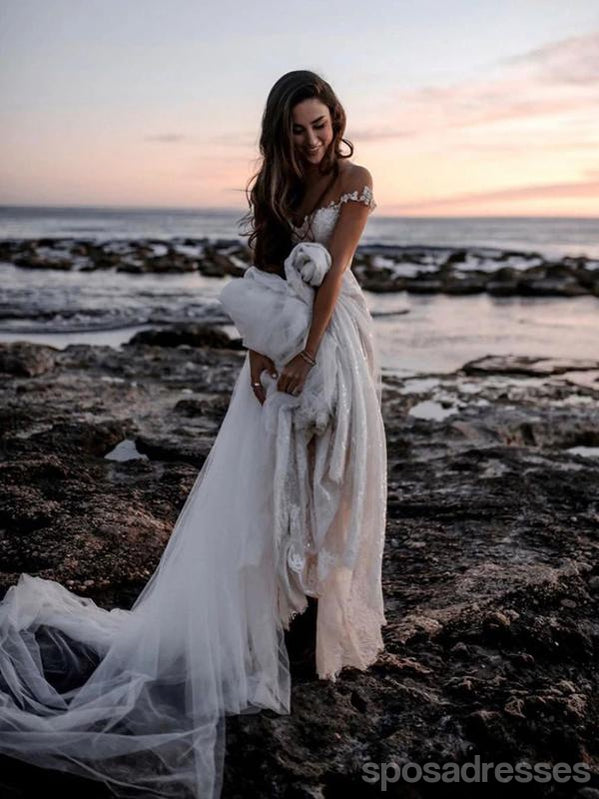 See Through Off Shoulder Long A-line Lace Wedding Dresses Online,WD747