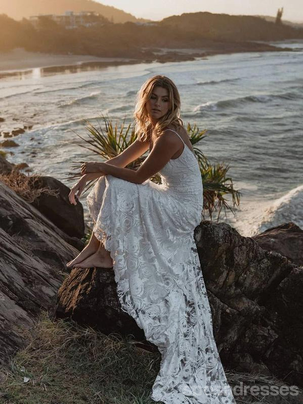 Spaghetti Straps Long Mermaid Backless Lace Wedding Dresses,WD742