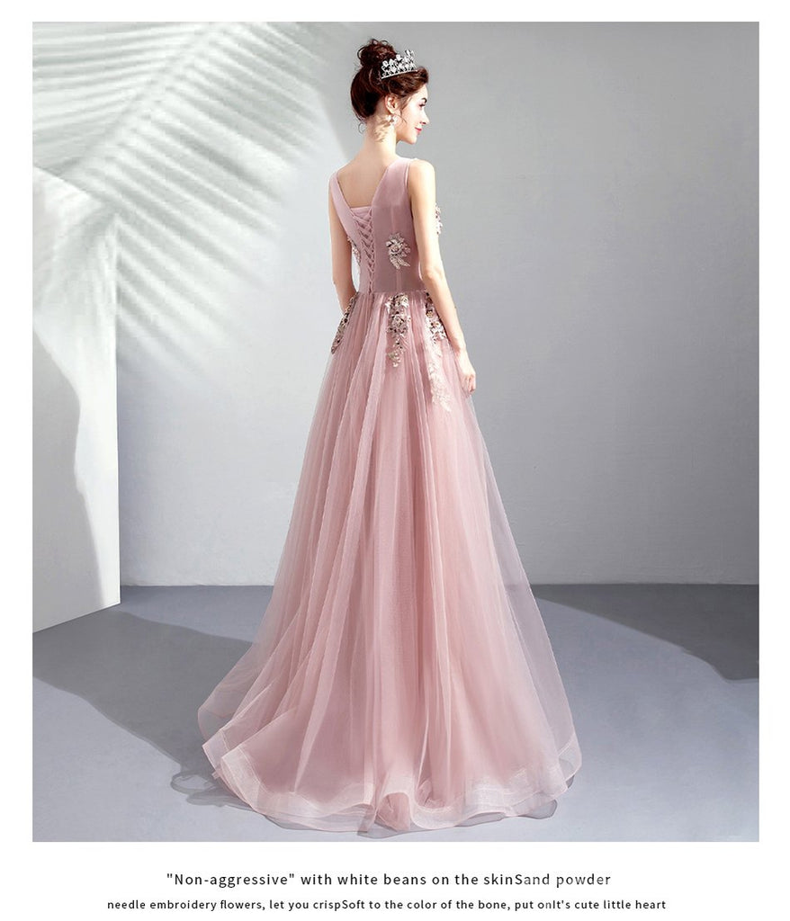 Floral A-line Pink Jewel Long Party Prom Dresses, Cheap Dance Dresses,12542