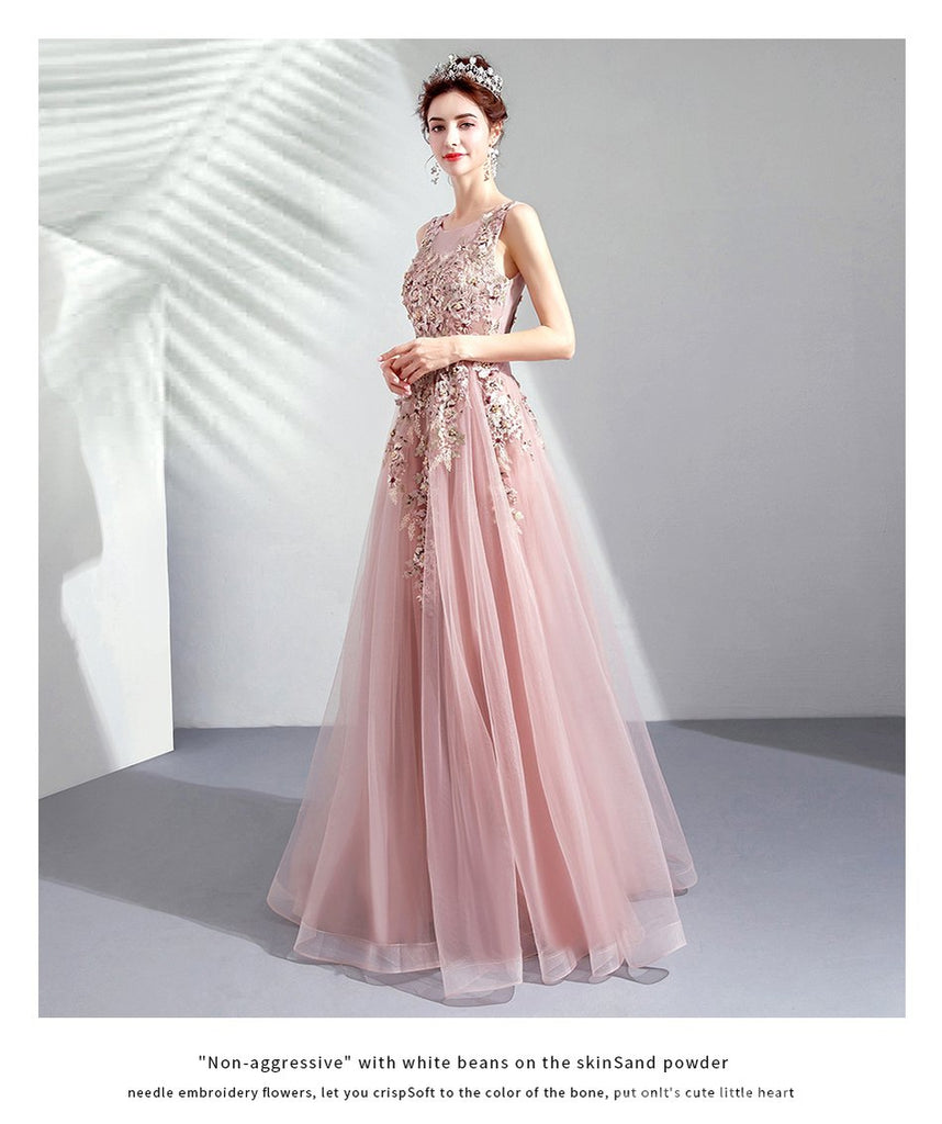 Floral A-line Pink Jewel Long Party Prom Dresses, Cheap Dance Dresses,12542