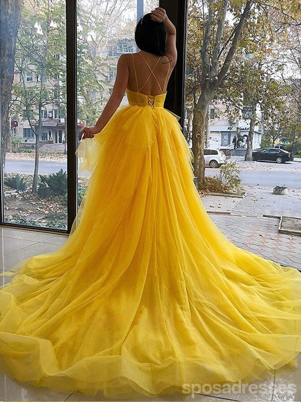 Yellow A-line Spaghetti Straps High Low Cheap Maxi Long Prom Dresses,13258