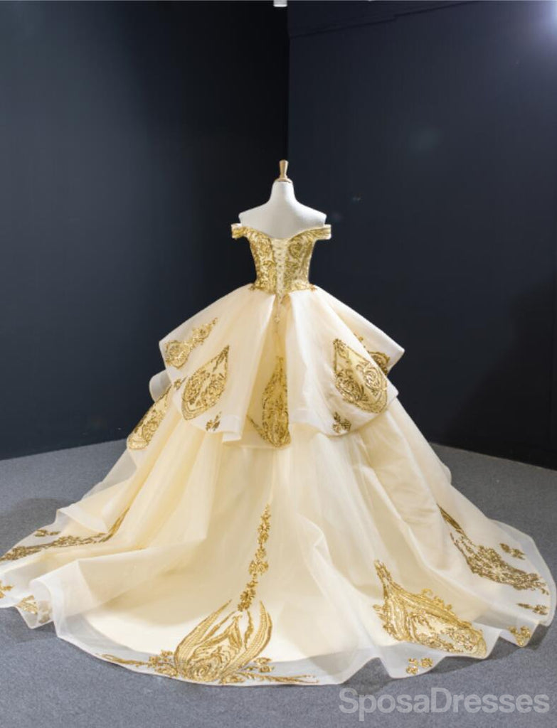 Off Shoulder Gold Applique Ball Gown Wedding Dresses, Gold Wedding Gown, WD709