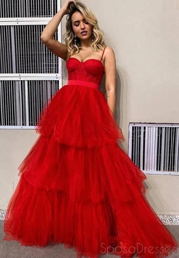 Spaghetti Straps Red Ruffle A-line Tulle Long Evening Prom Dresses, Evening Party Prom Dresses, 12181