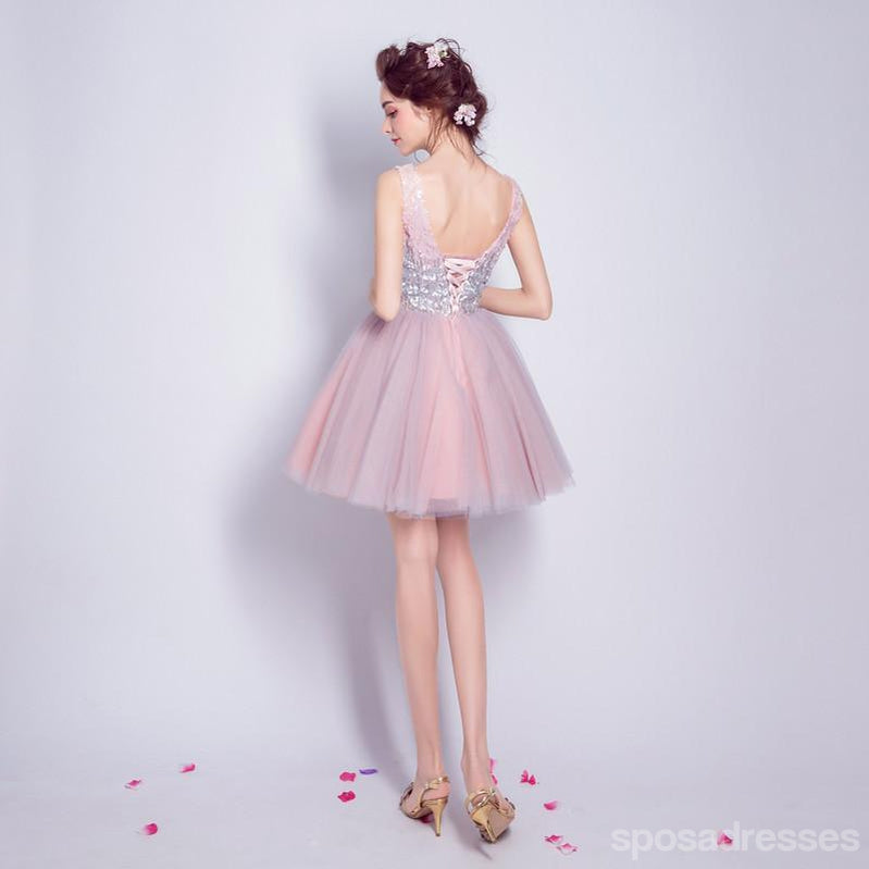 Sparkly V Neck Sequin Cute Short Pink Homecoming Dresses 2018, CM510