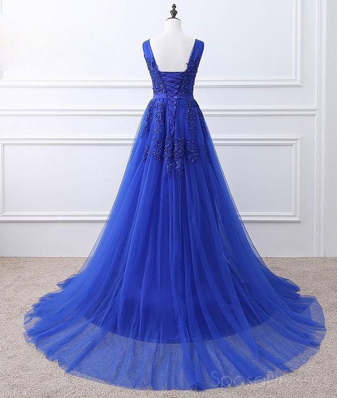 Royal Blue V Neck Lace Beaded Applique Long Evening Prom Dresses, Cheap Sweet 16 Dresses, 18426