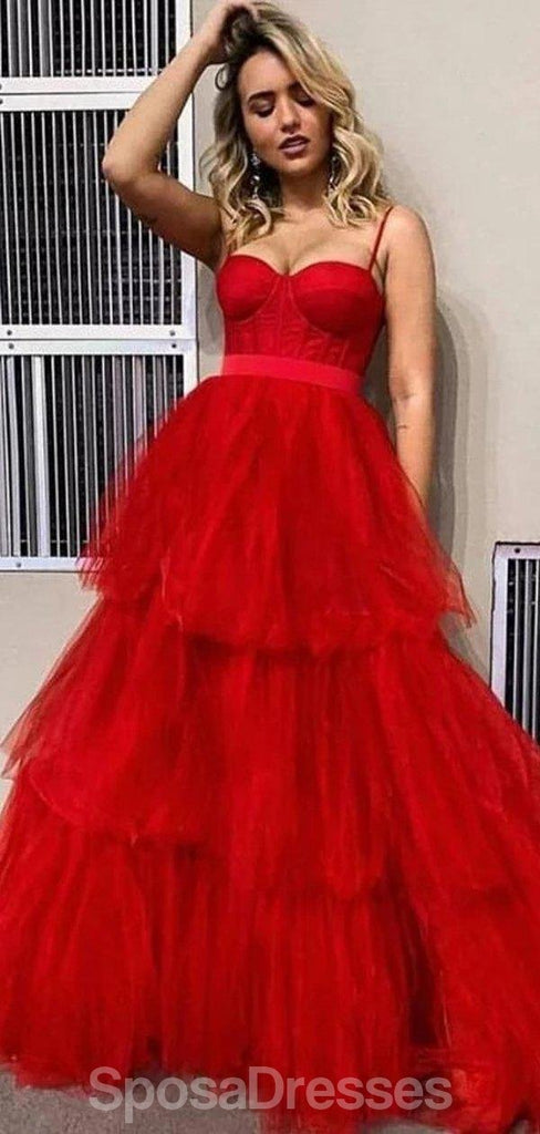 Spaghetti Straps Red Ruffle A-line Tulle Long Evening Prom Dresses, Evening Party Prom Dresses, 12181