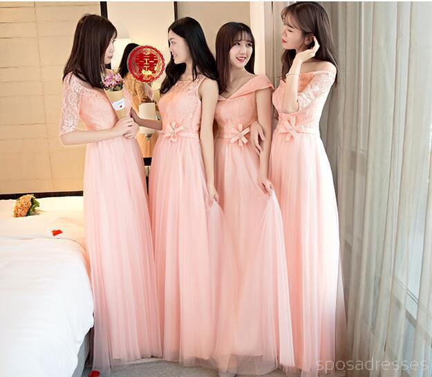 Mismatched Peach Lace Tulle Long Bridesmaid Dresses, BD005