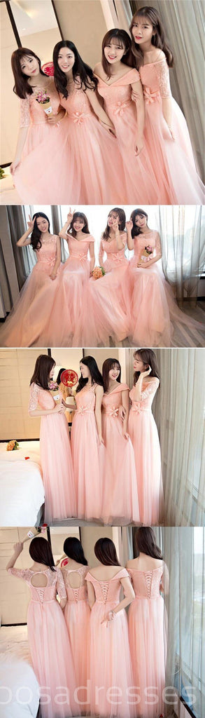 Mismatched Peach Lace Tulle Long Bridesmaid Dresses, BD005