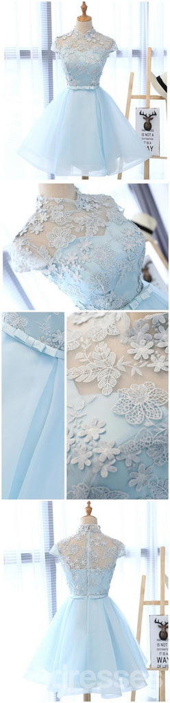 High Neckline Light Blue Cute Homecoming Prom Dresses, Affordable Sweet 16 Dresses, CM331