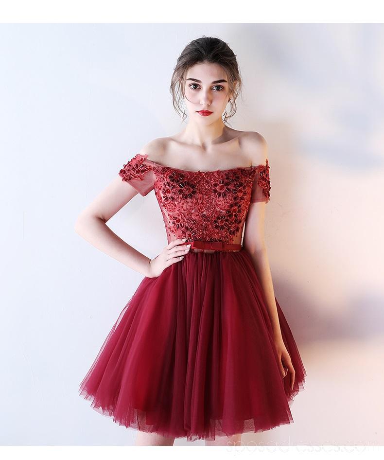 Off Shoulder Lace Beaded See Through Red Homecoming Dresses Online, Cheap Short Prom Dresses, CM790