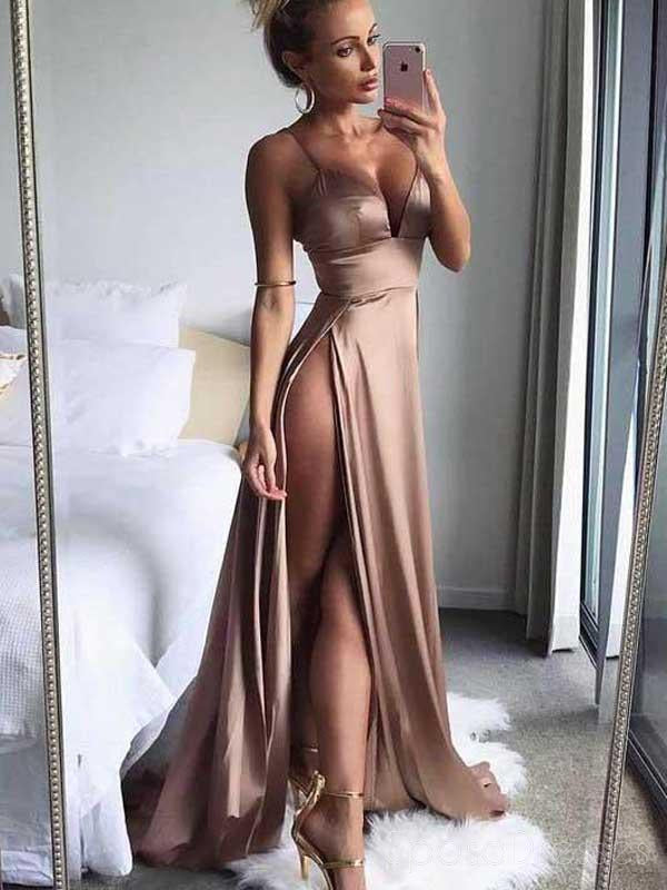 Simple Sexy Side Slit V Neck Affordable Long Evening Prom Dresses, 17457
