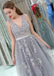 2018 Gray Lace V Neckline Tulle Long Evening Prom Dresses, Popular Cheap Long 2018 Party Prom Dresses, 17265
