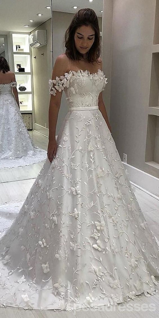 Off Shoulder A-line Lace Long Wedding Dresses Online, Cheap Bridal Dresses, WD531