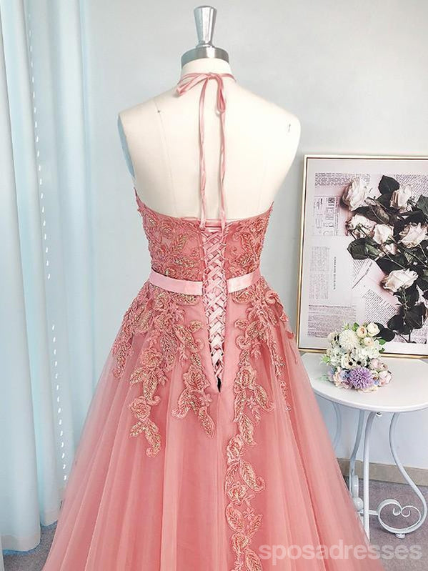 Pink Halter A-line Sleeveless Long Prom Dresses Online,Dance Dresses,12671
