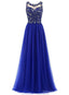 Royal Blue Lace Beaded See Through Chiffon Long Evening Prom Dresses, 17530