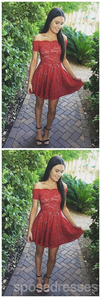 Off Shoulder Red Lace Simple Cheap Short Homecoming Dresses 2018, CM549