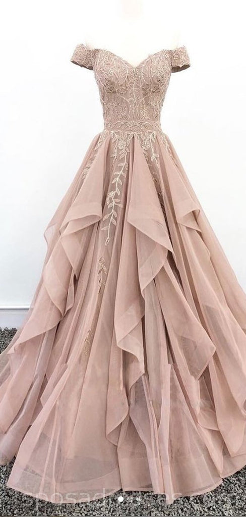 Off Shoulder Dusty Champagne Lace Cheap Long Evening Prom Dresses, Evening Party Prom Dresses, 18627
