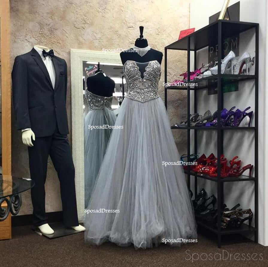Strapless Gray Heavily Beaded A line Long Evening Prom Dresses, Popular Cheap Long 2018 Party Prom Dresses, 17280