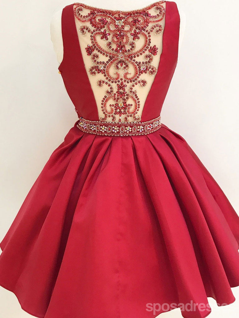 V Neck Red See Through Beading Custom Cheap Homecoming Dresses 2018, CM427