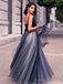 Navy Simple V Neck A-line Evening Prom Dresses, Cheap Custom Sweet 16 Dresses, 18496
