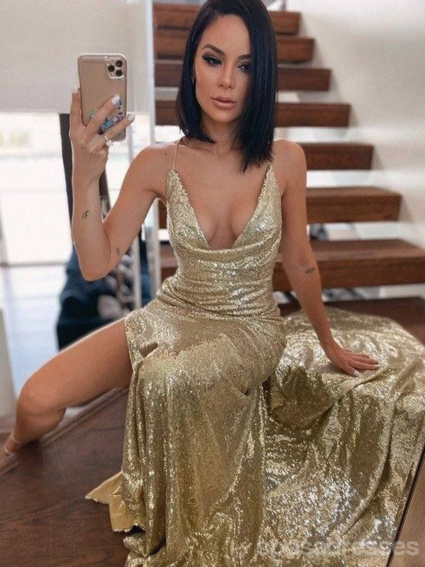 Sexy Gold Mermaid Spaghetti Straps High Slit Maxi Long Prom Dresses,13255