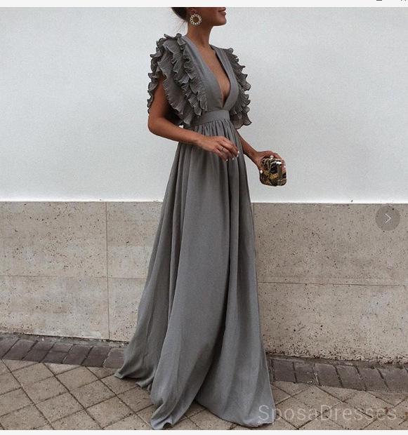 Unique V Neck Backless Chiffon Evening Prom Dresses, Cheap Custom Sweet 16 Dresses, 18497