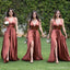 Simple A-line Chocolate V-neck High Slit Cheap Long Bridesmaid Dresses Online,WG1167