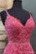 Hot Pink A-line Spaghetti Straps V-neck Cheap Long Prom Dresses Online,12810