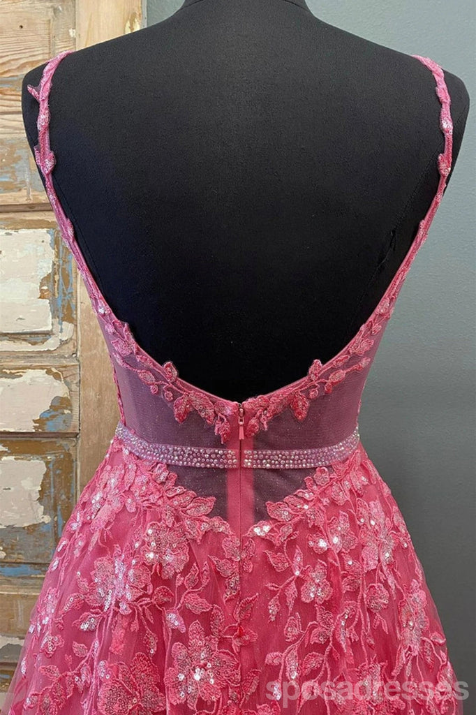 Hot Pink A-line Spaghetti Straps V-neck Cheap Long Prom Dresses Online,12810