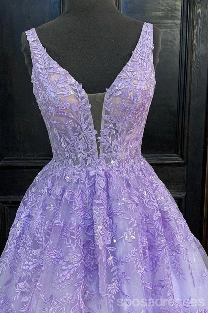 Purple A-line Straps V-neck See Through Cheap Long Prom Dresses Online,12681