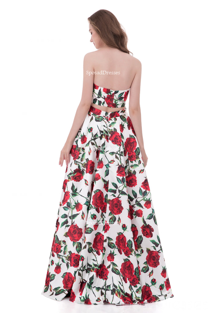 Sexy Two Pieces Simple Strapless Printed Flower Long Evening Prom Dresses, Popular Cheap Long 2018 Party Prom Dresses, 17253