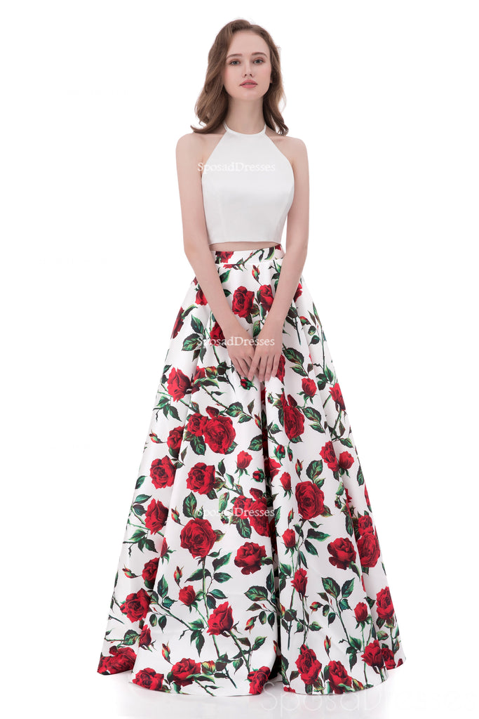 Simple Halter Printed Flower Sexy Two Pieces Long Evening Prom Dresses, Popular Cheap Long 2018 Party Prom Dresses, 17256