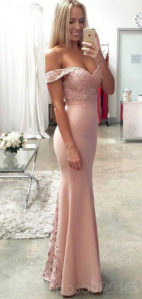 Off Shoulder Blush Pink Mermaid Evening Prom Dresses, Long Lace Party Prom Dresses, 17061