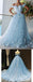 Floral Blue A-line Off Shoulder Long Prom Dresses Online, Dance Dresses,12702
