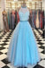 2018 Blue Lace Halter  A-line Long Evening Prom Dresses, 17644