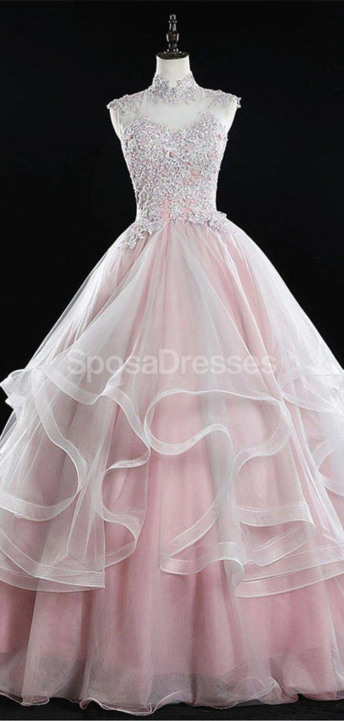 Pink High Neckline Lace Beaded Ruffle Long Evening Prom Dresses, Evening Party Prom Dresses, 12219