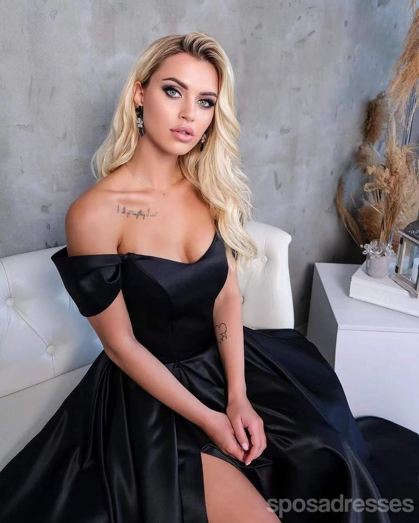 Simple Black A-line Off Shoulder Side Slit Long Prom Dresses Online,12786