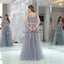 V Neck Grey Tulle A-line Evening Prom Dresses, Evening Party Prom Dresses, 12108