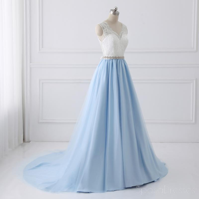 V Neck Lace Straps A line Blue Skirt Long Evening Prom Dresses, 17554
