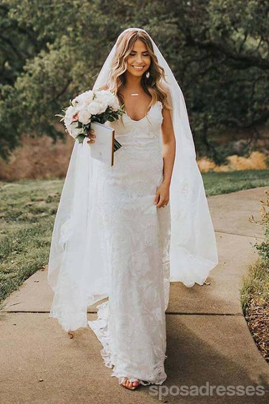 Spaghetti Straps Backless Long Mermaid Lace Wedding Dresses,WD754