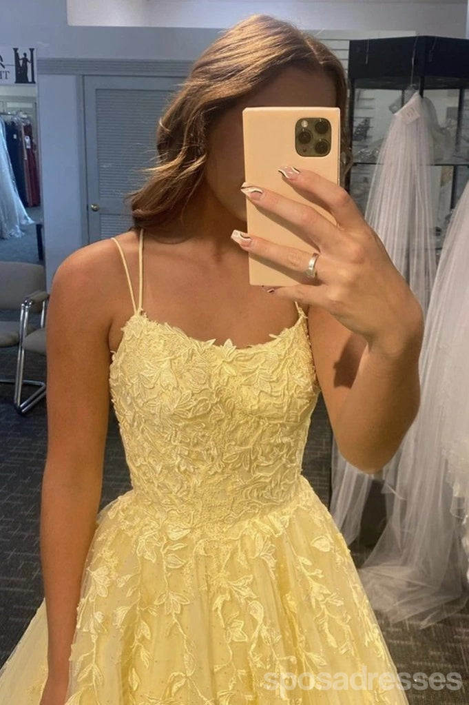 Yellow A-line Spaghetti Straps Backless Long Prom Dresses Online,12711