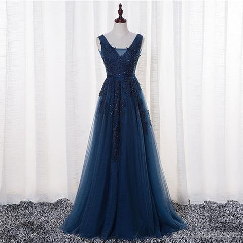 V Neckline Two Straps Lace Beaded Long Evening Prom Dresses, Party Prom Dresses, 17306