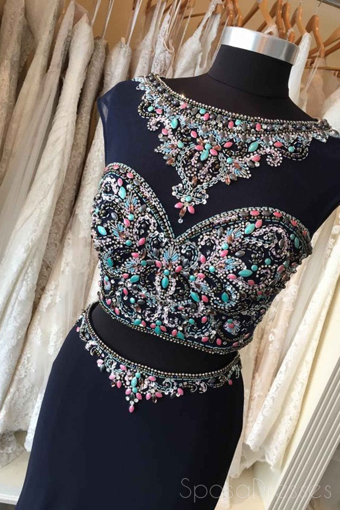 Sexy Two Pieces Heavily Beaded Navy Mermaid Long Cheap Evening Prom Dresses, 17538