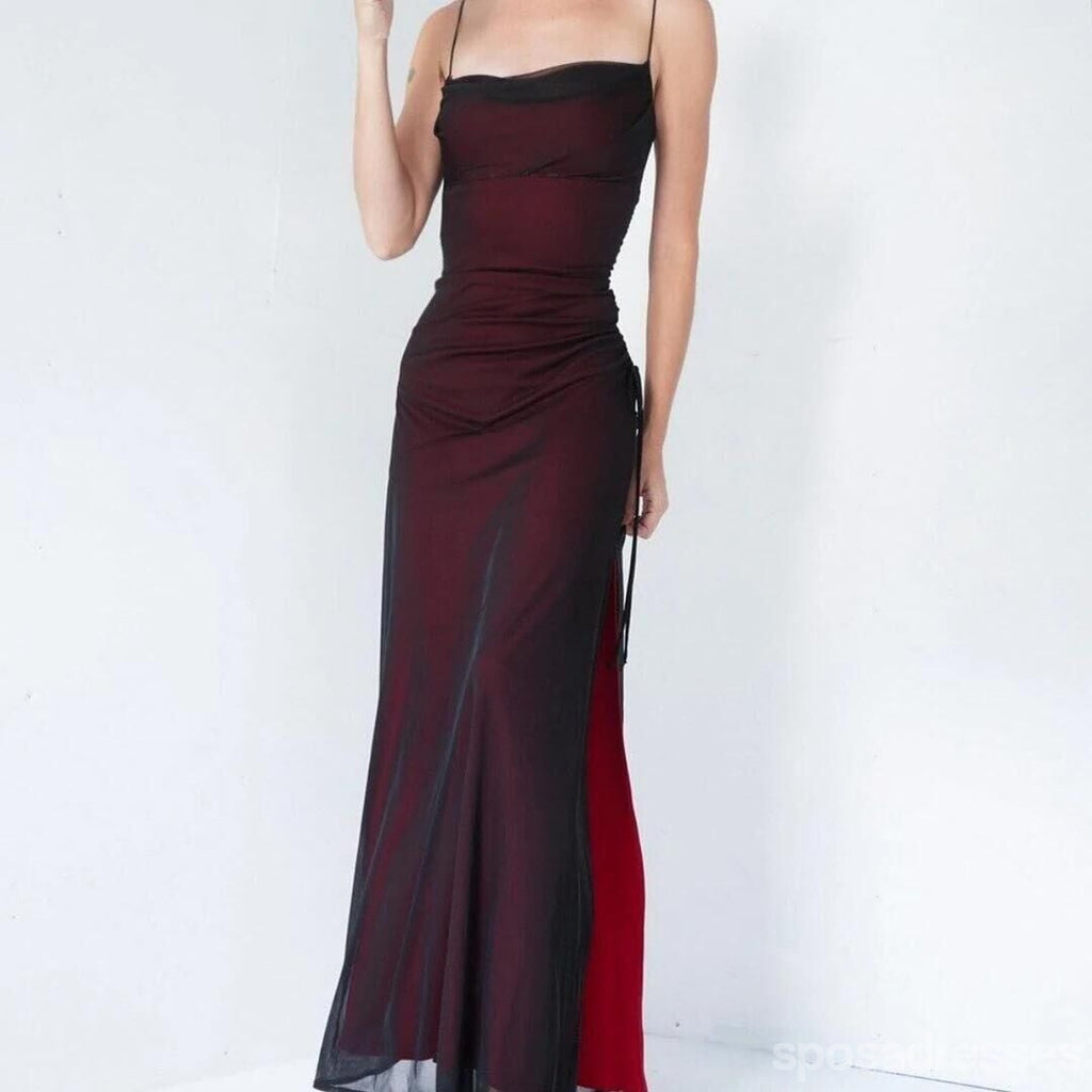 Simple Red Sheath Spaghetti Straps High Slit Long Bridesmaid Dresses Online,WG1200