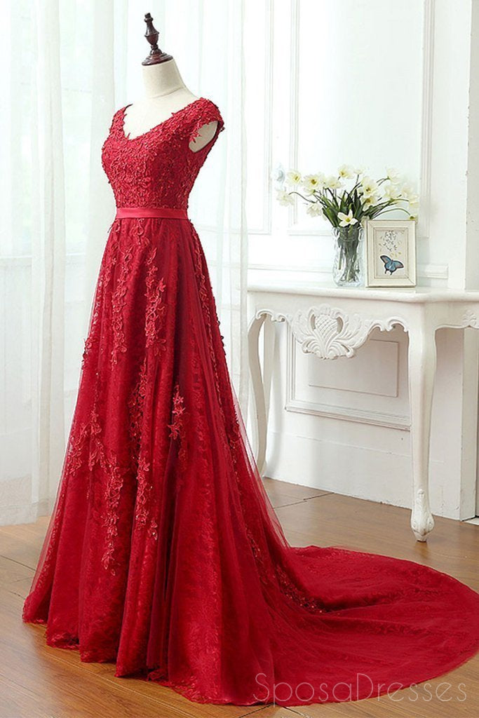 Short Sleeve Scoop Neckline Red Lace Beaded Cheap Long Evening Prom Dresses,17308