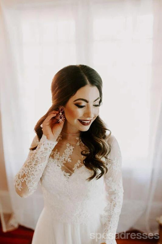 Long Sleeves A-line Illusion Handmade Lace Wedding Dresses,WD735