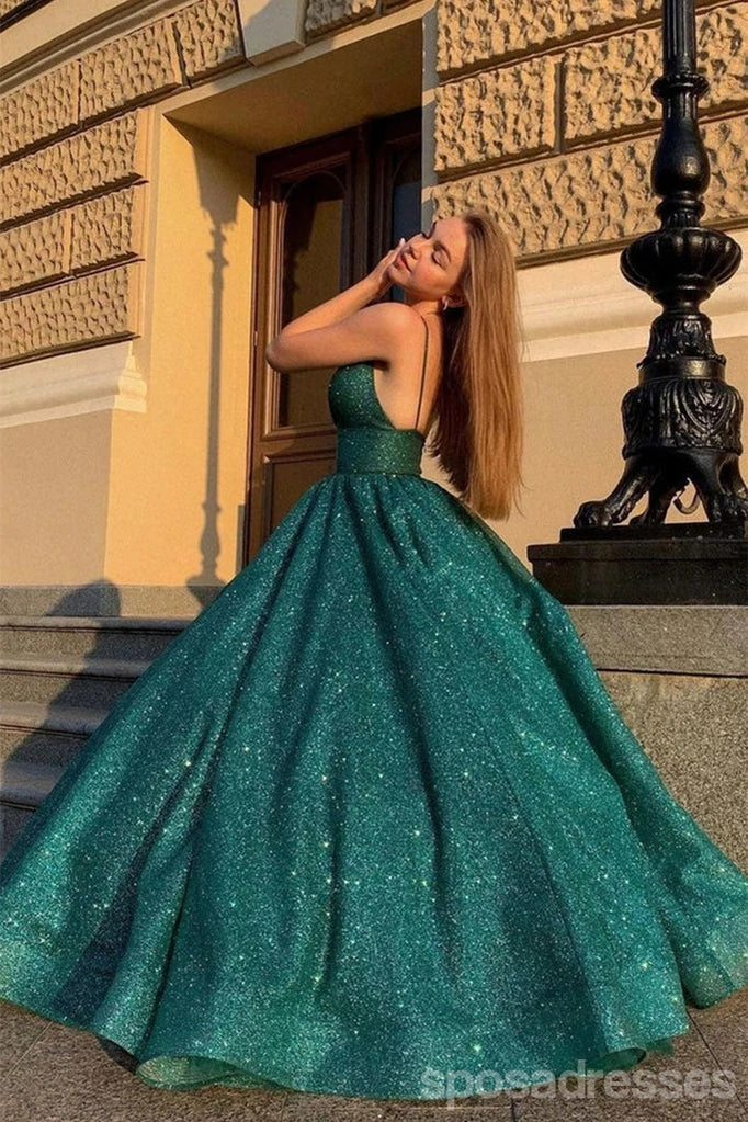 Green A-line Spaghetti Straps V-neck Cheap Long Prom Dresses,12853