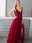 V Neck Burgundy Side Slit Cheap Long Evening Prom Dresses, Cheap Sweet 16 Dresses, 18332