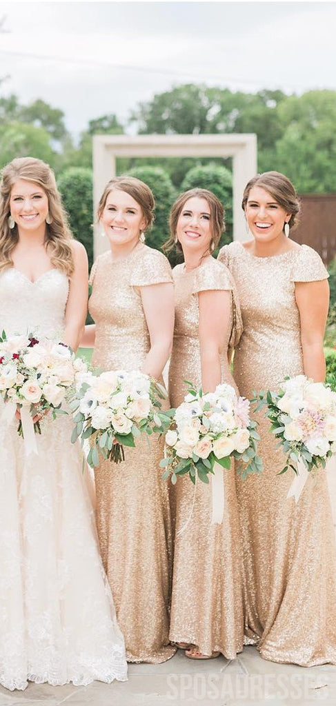 Simple Sheath Cap Sleeves Gold Sequin Long Bridesmaid Dresses Online, WG889