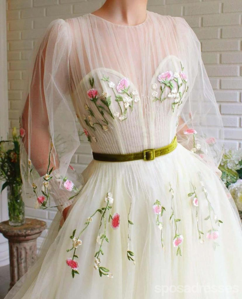 Cute Yellow A-line Long Sleeves V-neck Cheap Prom Dresses Online,12707